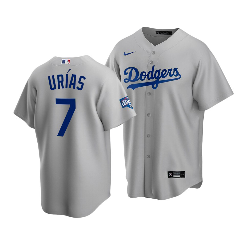 Men's Los Angeles Dodgers #7 Julio Urias Grey 2020 World Series Champions Home Patch Cool Base Stitched MLB Jersey Men's Los Angeles Dodgers #7 Julio Urias Grey 2020 World Series Champions Home Patch Cool Base Stitched MLB Jersey